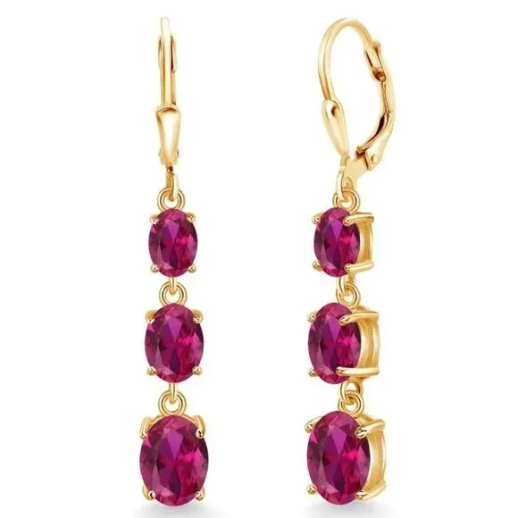 18K Yellow Gold with 5.40 Cttw 3 Stone Ruby Dangling Leverback Drop Earrings - Picture 1 of 5